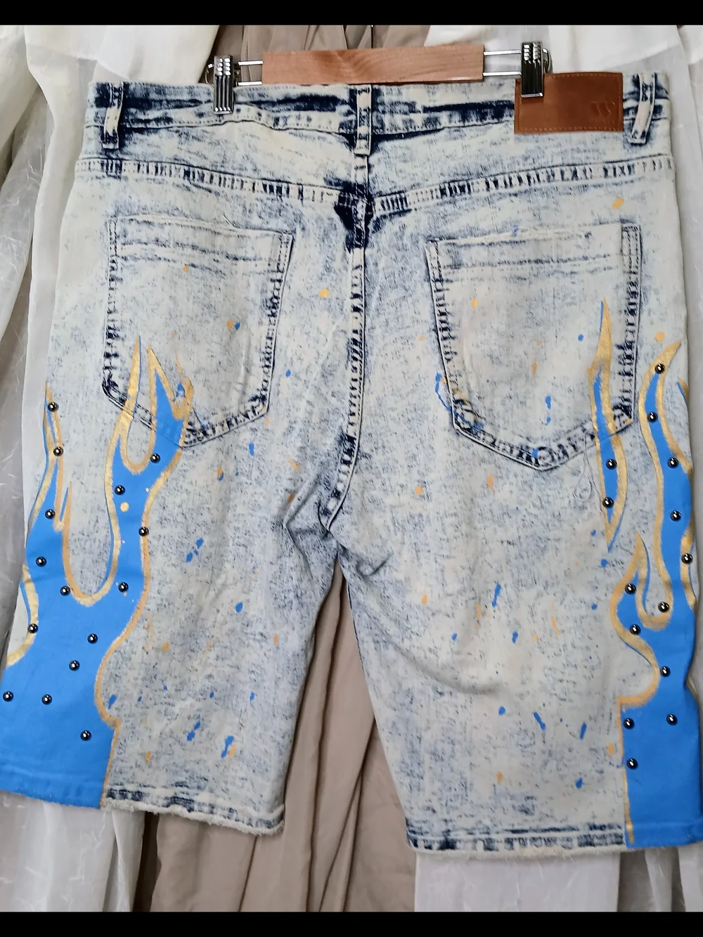 Men's Acid-Wash Jean Shorts with Blue Flame Detail